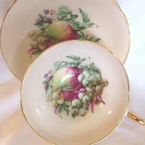 Regency Tea Cup and Saucer, Soft Beige Fabulous Fruit, Hand Painted, Gold,  I240